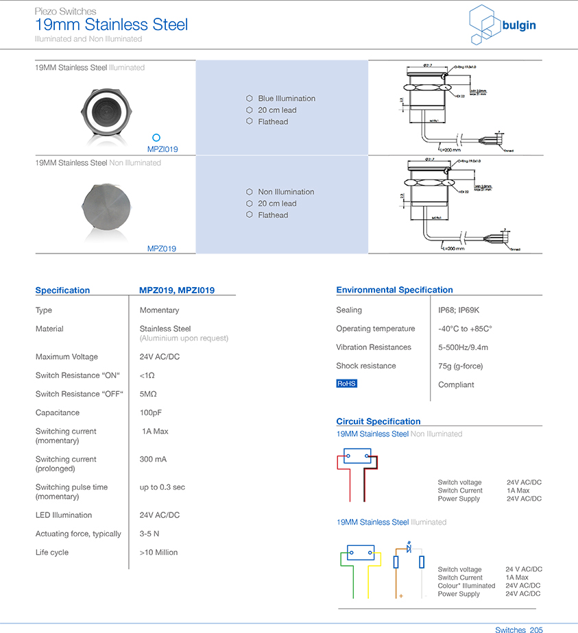 MPZI019不锈钢Piezo开关规格尺寸 MPZI019不锈钢Piezo开关规格尺寸