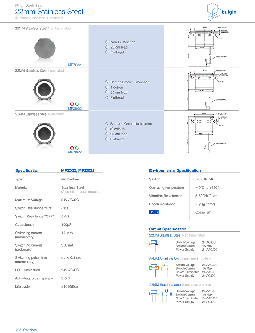 MPZ022不锈钢Piezo开关规格尺寸 MPZ022不锈钢Piezo开关规格尺寸