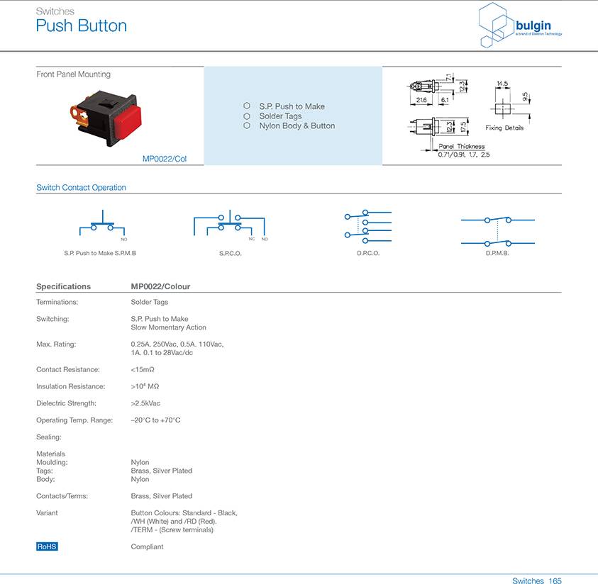 MP0016系列后面板安装按钮开关技术参数 MP0016系列后面板安装按钮开关技术参数