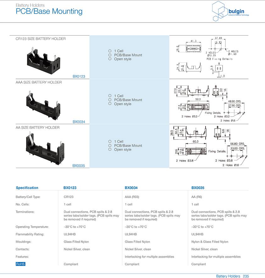 CR123 PCB底座安装电池座选型 CR123 PCB底座安装电池座选型