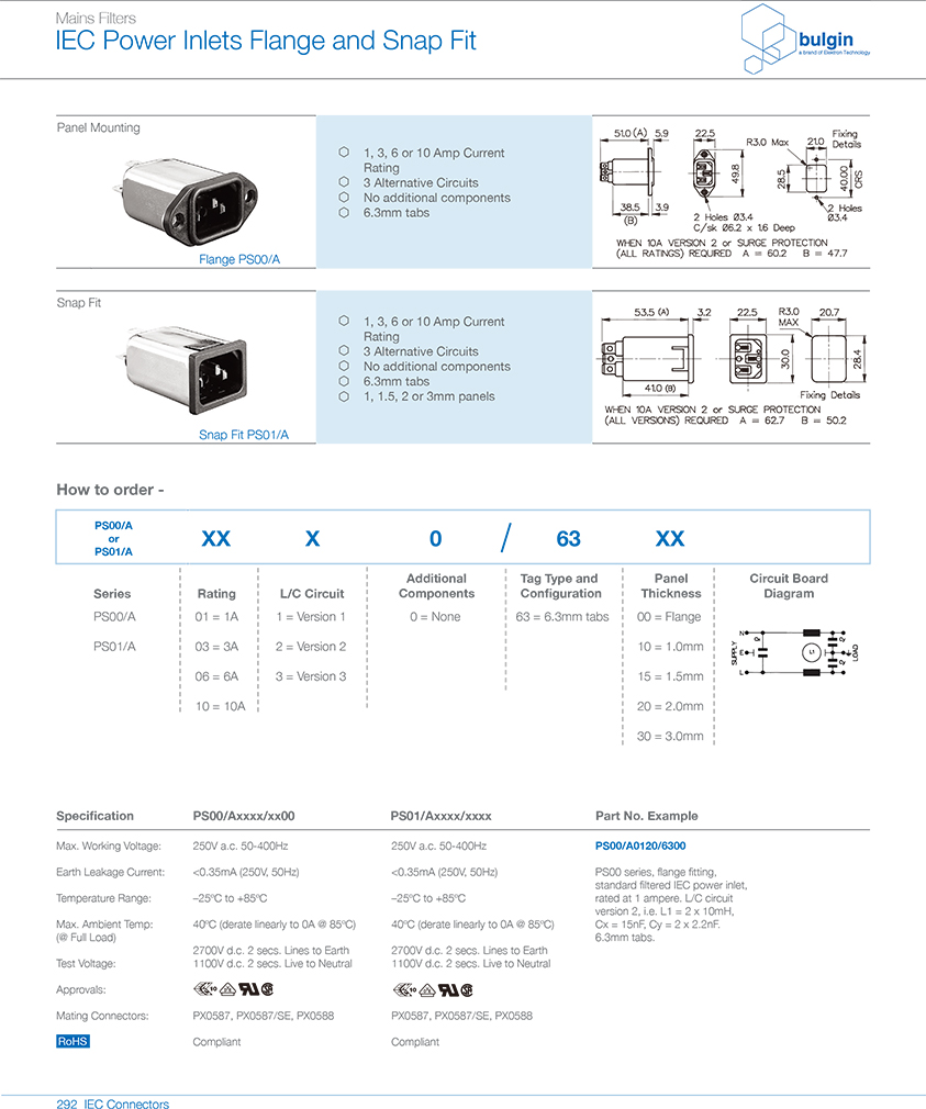 PS00-A带滤波器的 IEC 电源接入口选型 PS00-A带滤波器的 IEC 电源接入口选型