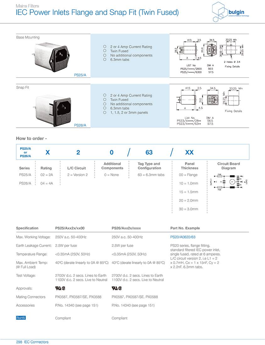 PS26-A带整体式双保险丝的带滤波器型号 PS26-A带整体式双保险丝的带滤波器型号
