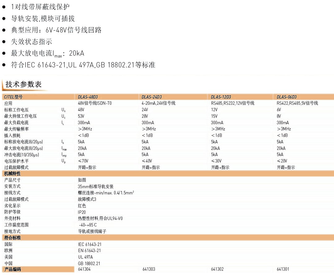 DLC超薄系列信号防雷器技术参数 DLC超薄系列信号防雷器技术参数