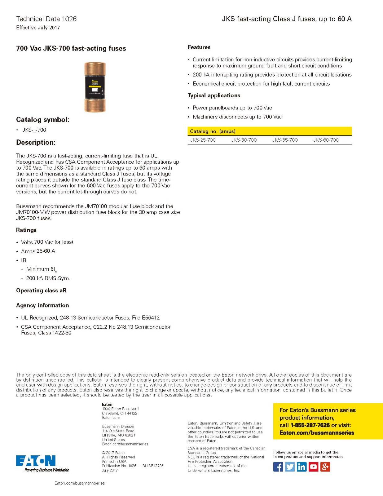 JKS系列熔断器参数 JKS系列熔断器参数